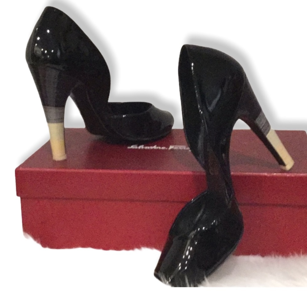 Ferragamo open toe black patent pumps size 7.5